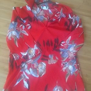 Vintage Red Floral Women's Collared Blouse